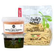 Daily Chef verse pasta
pak à 250-500 gram,
Daily Chef groene pesto pastasaus
bakje à 150 ml
of Noordertrots pastasaus
bakje à 25